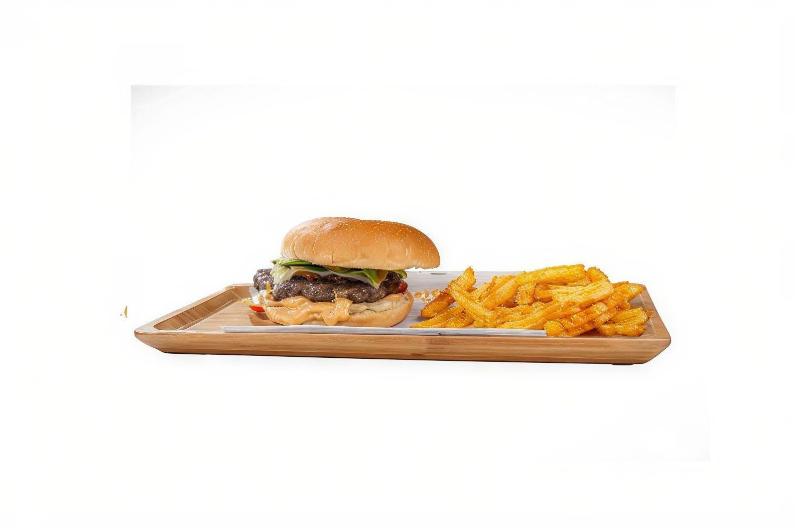 Burger ve patates kızartması tepside
